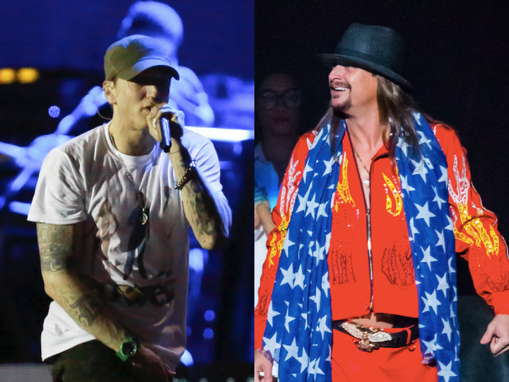 Eminem, left, and Kid Rock, right, both proudly represent Detroit. Politically, they have very different ideas.