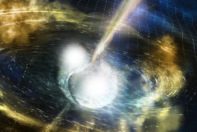 An artist's rendering of two merging neutron stars depicts gravitational waves rippling outward, while gamma rays burst out seconds later.