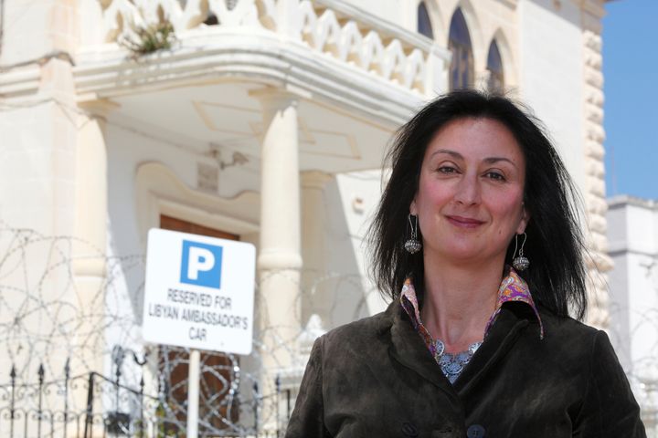 Daphne Caruana Galizia outside the Libyan Embassy in Valletta.