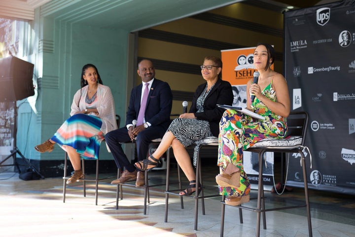 Shonda Buchanan, Elias Wondimu, Congressmember Karen Bass, and Angela Rye during a panel discussion on "Harriet Tubman Press: The Power of a Press" at the inaugural launch of Harriet Tubman Press (Photography by Robert Macaisa) 