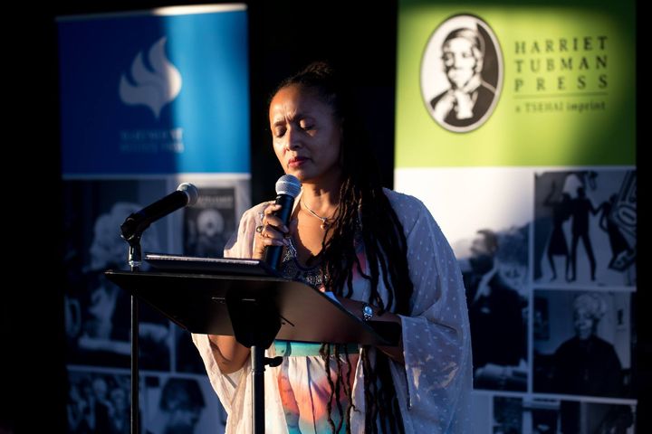 Editor for Harriet Tubman Press, Shonda Buchanan speaks at the inaugural book launch of Harriet Tubman Press for Voices from Leimert Park Redux (Photography by Robert Macaisa) 
