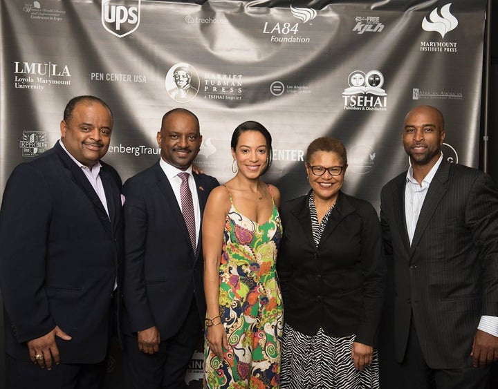 <p>Roland Martin, Elias Wondimu, Angela Rye, Congressmember Karen Bass, and Collin Hinds at the inaugural launch of Harriet Tubman Press </p>