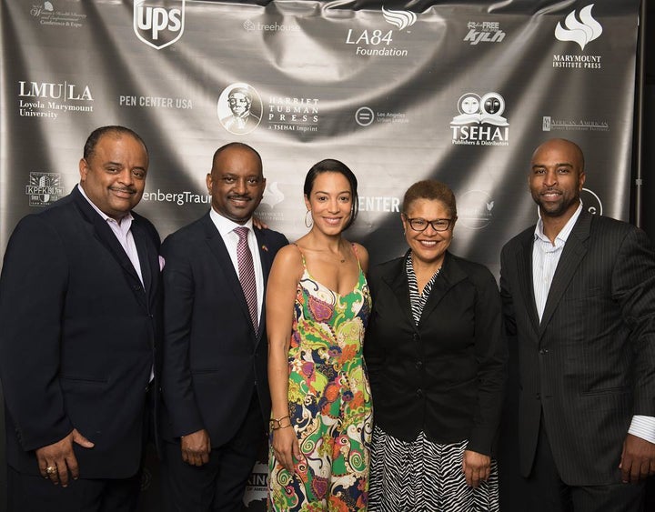 Roland Martin, Elias Wondimu, Angela Rye, Congressmember Karen Bass, and Collin Hinds at the inaugural launch of Harriet Tubman Press 