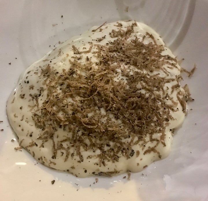 <p>More parmesan cream, this one topped with truffles and blanketing Brussels sprouts and onion jam. At The Patricia restaurant, Newcastle, England</p>