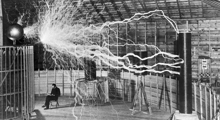 Tesla in his lab, double exposure photo