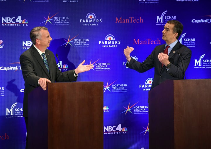 A gubernatorial debate takes place between Republican candidate Ed Gillespie, left, and Democratic Lt. Gov. Ralph Northam on Sept. 19 in McLean, Virginia.