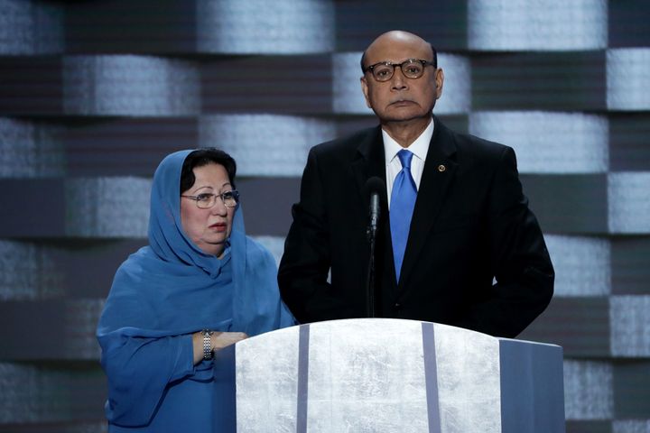 Khizr Khan, right, and Ghazala Khan appear at the Democratic National Convention in July 2016. Khizr Khan's speech sparked vociferous attacks from Donald Trump.