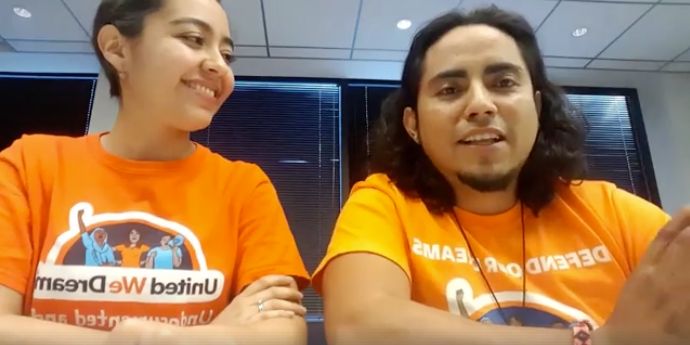 Oscar Hernandez, right, with United We Dream colleague Karla Perez, in a video informing undocumented immigrants about their rights if they're stopped by law enforcement.