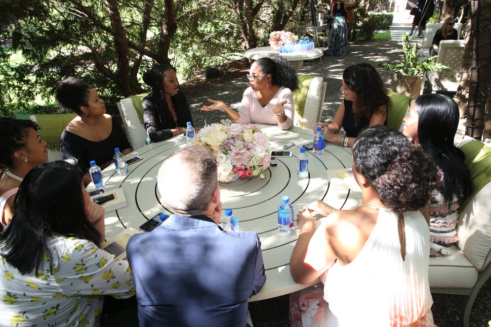Oprah speaks to a roundtable of reporters during a special interview at her home in Santa Barbara, California. I'm pictured t