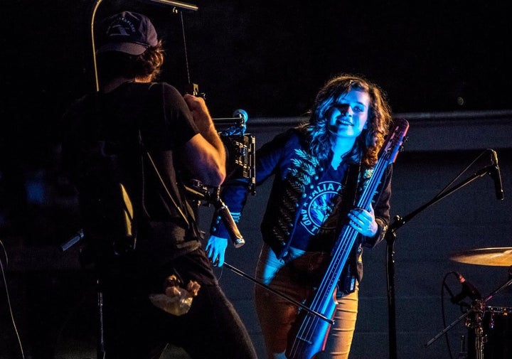 <p>Katie Larson plays to the camera during the music video shoot for “Odyssey.”</p>