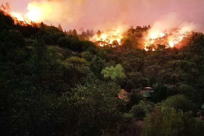 A fire burns out of control along a ridge during the California wildfires in Rough and Ready, Calif., Oct. 12, 2017. 