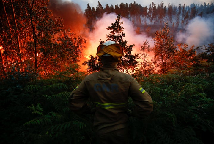 A firefighter watches a blaze near the village of Fato in central Portugal on June 18, 2017.