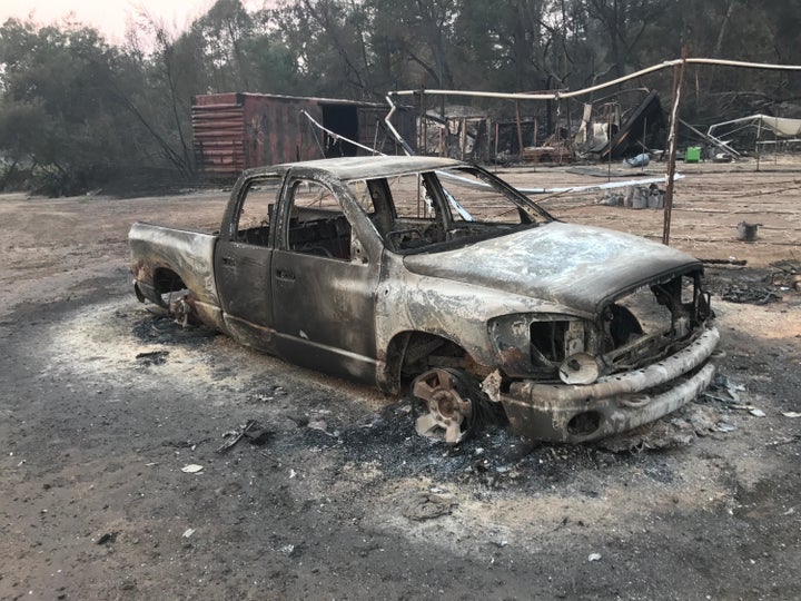 The charred remnants of a truck on Pearson's farm.