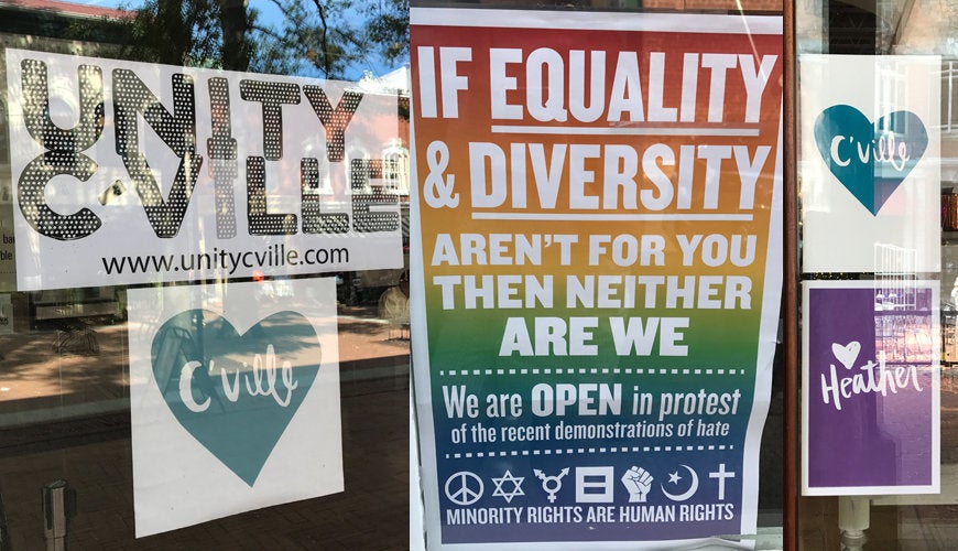 Signs posted throughout Charlottesville's downtown area in September, a month after the violence of the