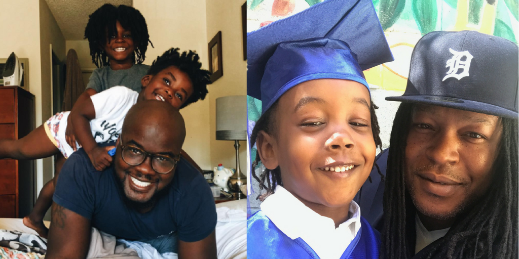 Glen Henry (L) with his two sons Theo and Uriah, and Shaka Senghor (R) with his son Sekou.