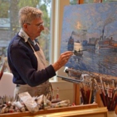 <p>John M. Horton painting one of his pieces based on Capt. George Vancouver’s voyages around the Pacific Northwest coast and waterways.</p>