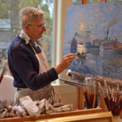 John M. Horton painting one of his pieces based on Capt. George Vancouver’s voyages around the Pacific Northwest coast and waterways.