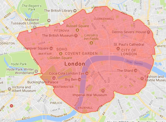 The area covered by the T-charge and congestion charge