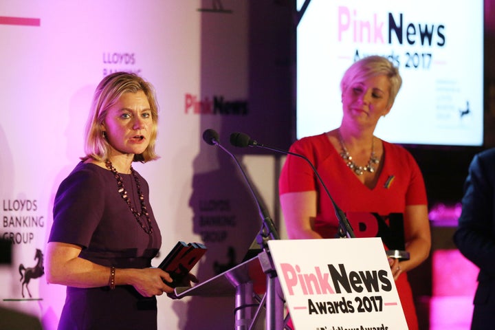 <strong>Education Secretary Justine Greening (left) and Hannah Bardell jointly receive the Pink News Politicians of the Year Award</strong>