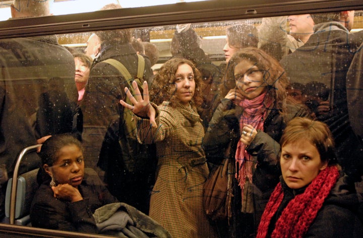 Commuters on the metro at Chatelet station in Paris