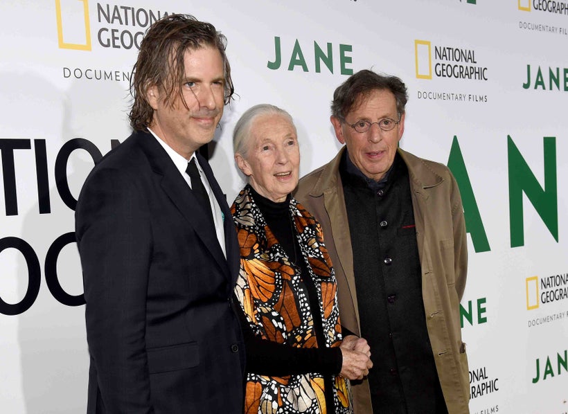 Director Brett Morgen, Jane Goodall, and Philip Glass at the Hollywood Bowl screening of <em>Jane</em> (left to right).