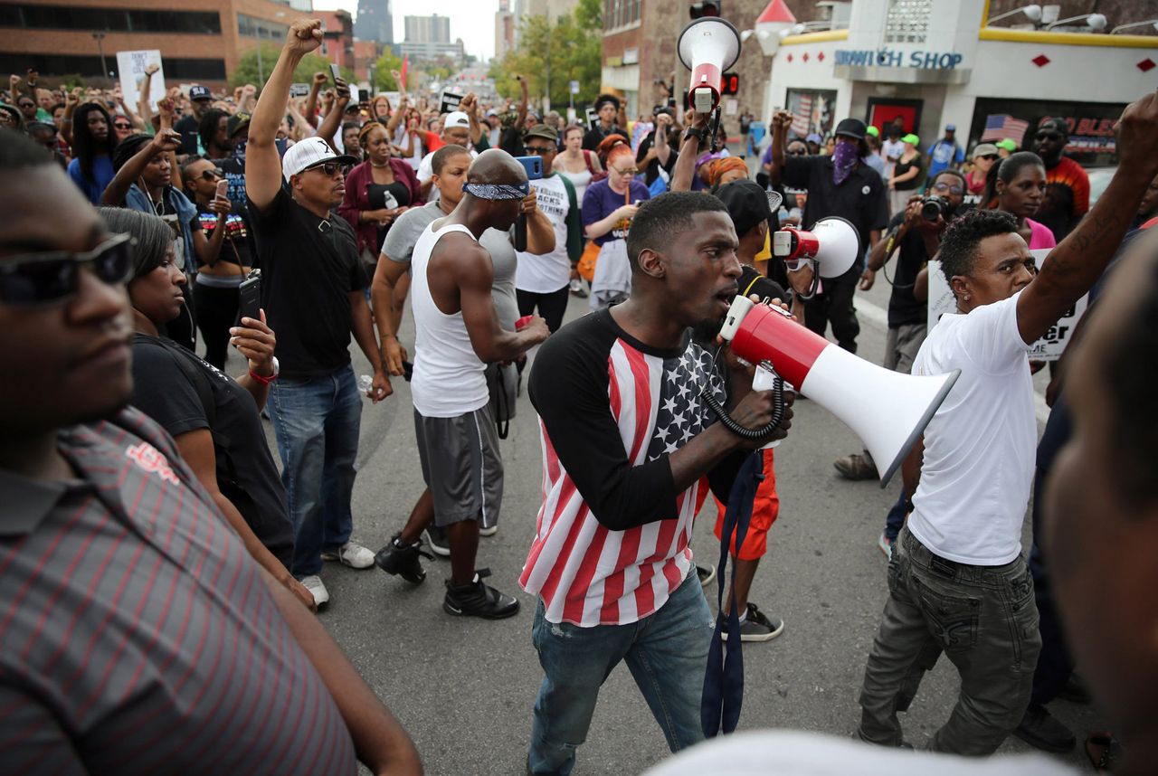 Missouri State Rep. Bruce Franks Jr. leads a protest in St. Louis last month.