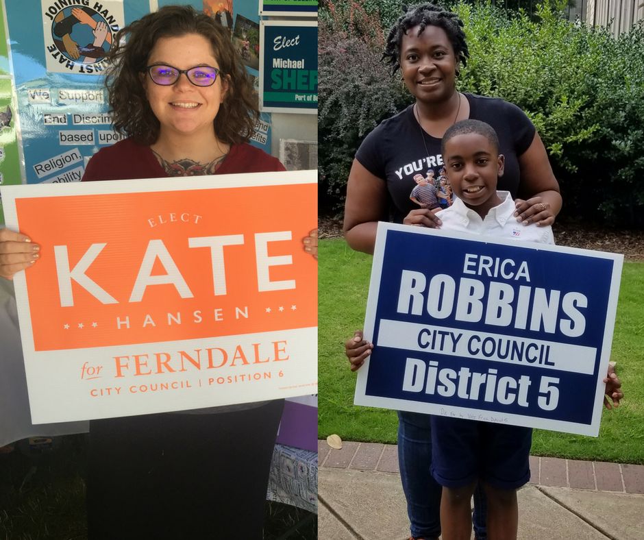 Kate Hansen, left, and Erica Robbins, right, are both mothers who decided to run for city council after the 2016 presidential election. 