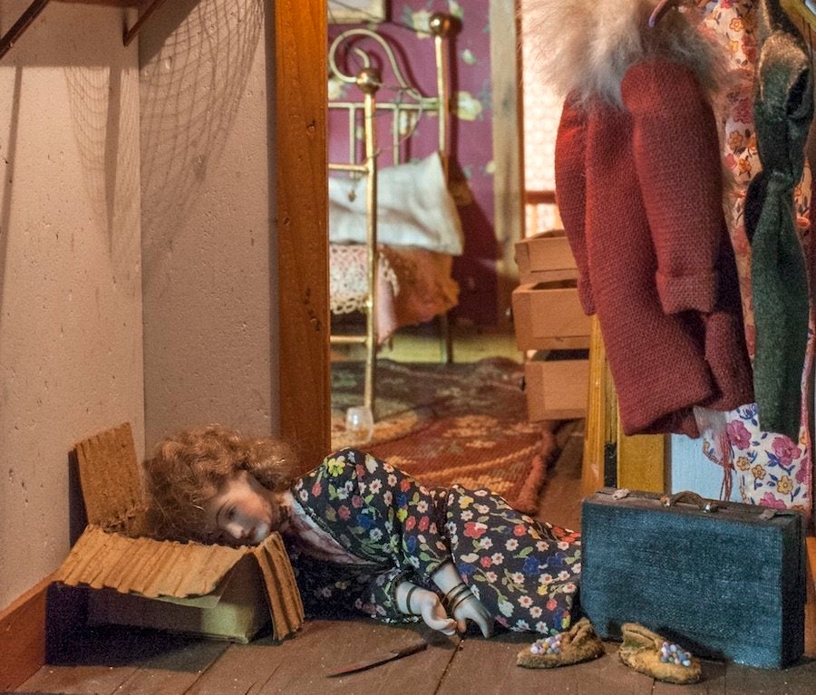 Frances Glessner Lee's "Red Bedroom" created around 1944-48. It measures 12 5/8 by 24 3/4 by 24 5/8 inches. 