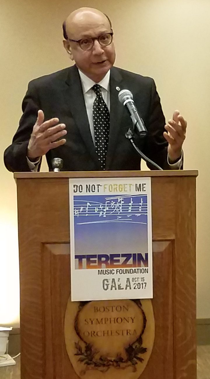 <p>Khizr Khan speaks at the Terezín Music Foundation’s “Do Not Forget Me” event at Boston’s Symphony Hall.</p>