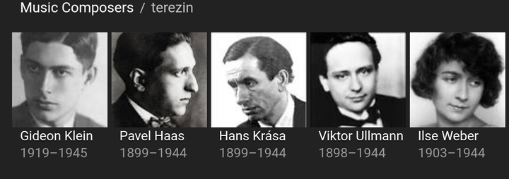 <p>Terezin composers Gideon Klein, Pavel Haas, Hans Krása, Viktor Ullmann and Ilse Weber</p>