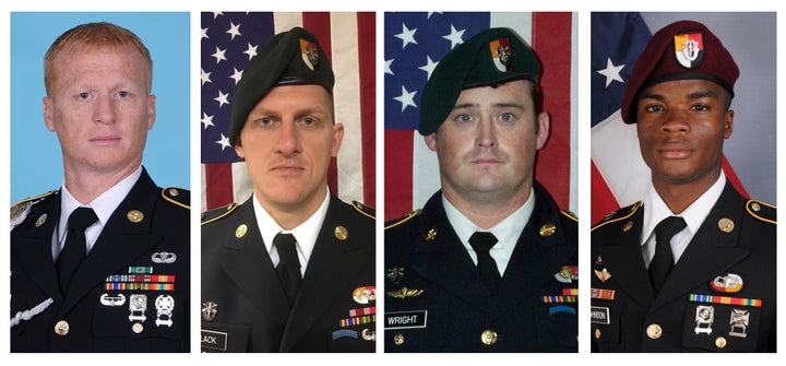 From left to right: U.S. Army Special Forces Sergeant Jeremiah Johnson, U.S. Special Forces Sgt. Bryan Black, U.S. Special Forces Sgt. Dustin Wright and U.S. Special Forces Sgt. La David Johnson. All four were killed in Niger, West Africa on October 4, 2017.