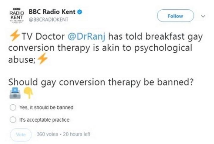 The BBC has apologised after asking if gay conversion therapy should be banned.