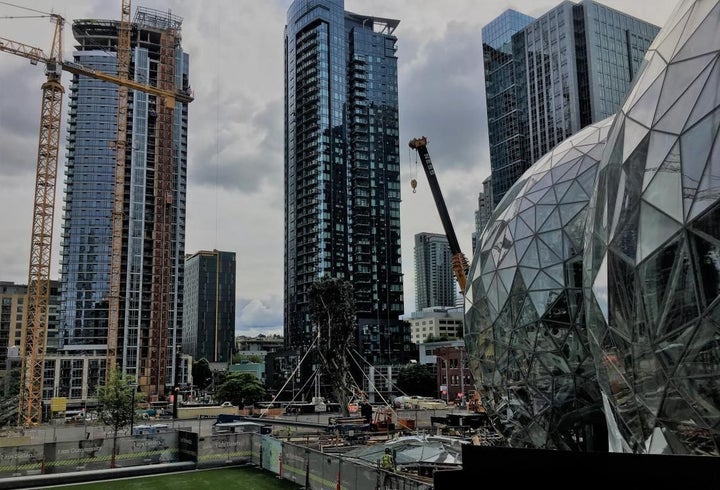 Cirrus (under construction) and Stratus (middle building) are "twin" luxury apartment towers by Boston-based developer GID near Amazon's Seattle headquarters