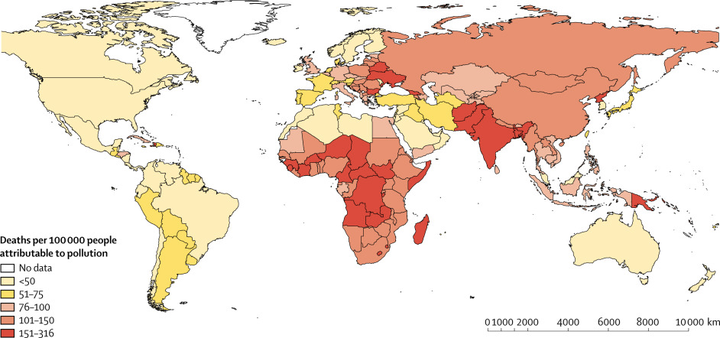 This map of pollution-linked deaths in 2015 per 100,000 people shows its impact on poorer, more vulnerable parts of the world.