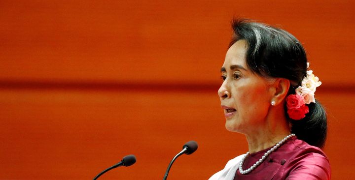 Myanmar State Counselor Aung San Suu Kyi delivers a speech in Naypyitaw, Myanmar. on Sept. 19.