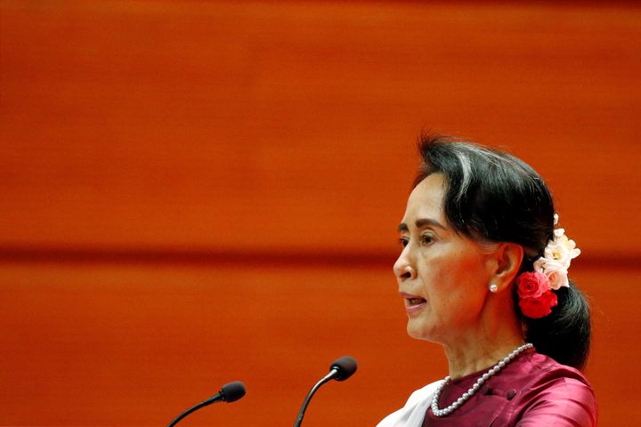 Myanmar State Counselor Aung San Suu Kyi delivers a speech in Naypyitaw, Myanmar. on Sept. 19.