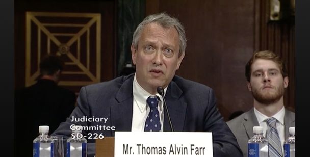 U.S. District Court nominee Thomas Farr testifies before the Senate Judiciary Committee in September.