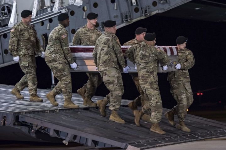 Soldiers from the Third US Infantry Regiment carry the transfer case during a casualty return for Staff Sgt Dustin M Wright of Lyons Ga at Dover Air Force Base Del.