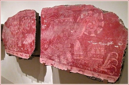 Tassel headdress mural fragments (500-550) – earthen aggregate, stucco and mineral pigments.