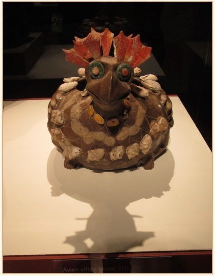 Avian effigy vessel (250-350) – ceramic, shell, greenstone, and stucco.