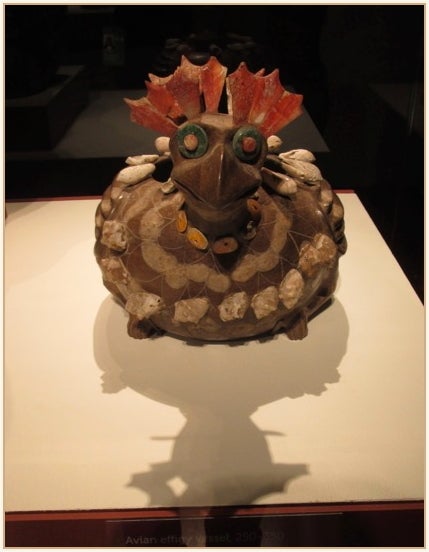 Avian effigy vessel (250-350) – ceramic, shell, greenstone, and stucco.
