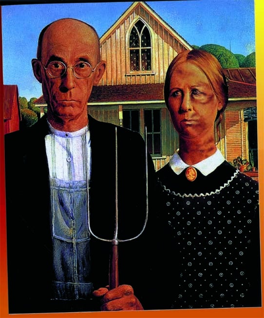 "American Gothic" by Grant Wood with digital reinterpretation by Rebecca Hull.