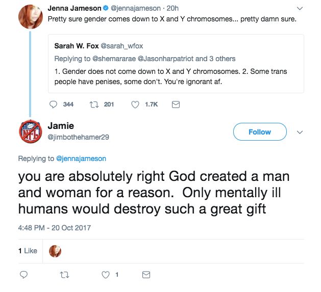 The former Playboy model liked a Tweet that suggested 'only mentally ill humans would destroy' the separate creation of men and women.