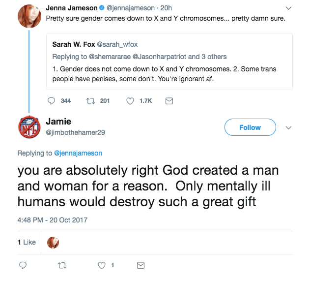 The former Playboy model liked a Tweet that suggested 'only mentally ill humans would destroy' the separate creation of men a