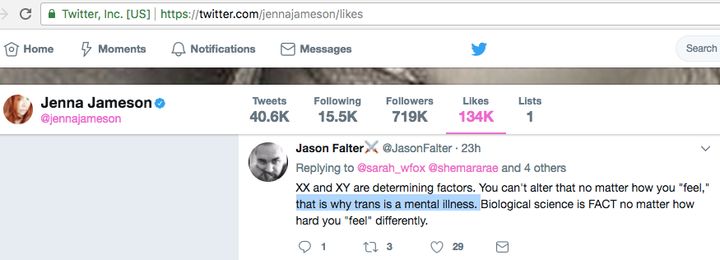 Another tweet appearing on Jameson's 'liked' tweets page lists her as having liked one that calls trans-identity a mental illness.