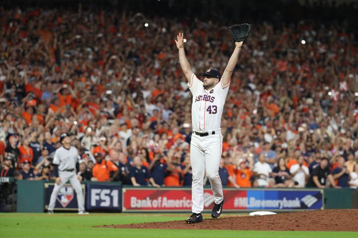 Houston Astros relief pitcher Lance McCullers Jr. (43) celebrates after throwing the finial pitch in the ninth inning during game seven of the 2017 ALCS playoff baseball series to defeat the New York Yankees at Minute Maid Park on Saturday, October 21, 2017 in Houston, Texas. (Thomas B. Shea-USA TODAY Sports)