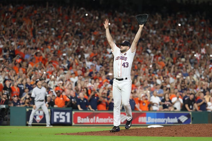 Houston Astros relief pitcher Lance McCullers Jr. (43) celebrates after throwing the finial pitch in the ninth inning during