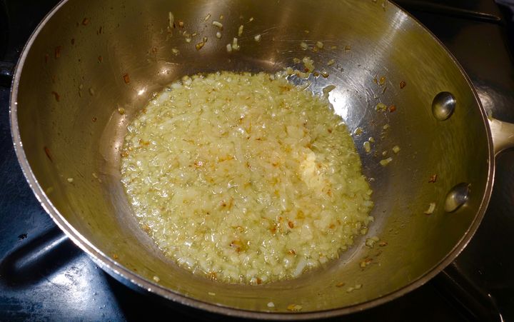 <p>Cook the finely chopped onion until turning golden</p>