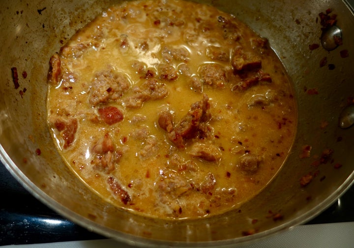 <p>After a white-wine deglaze, add milk and tomato paste</p>