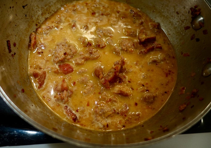 After a white-wine deglaze, add milk and tomato paste